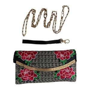 Floral Embellished Convertible Wristlet Clutch Crossbody Bag.